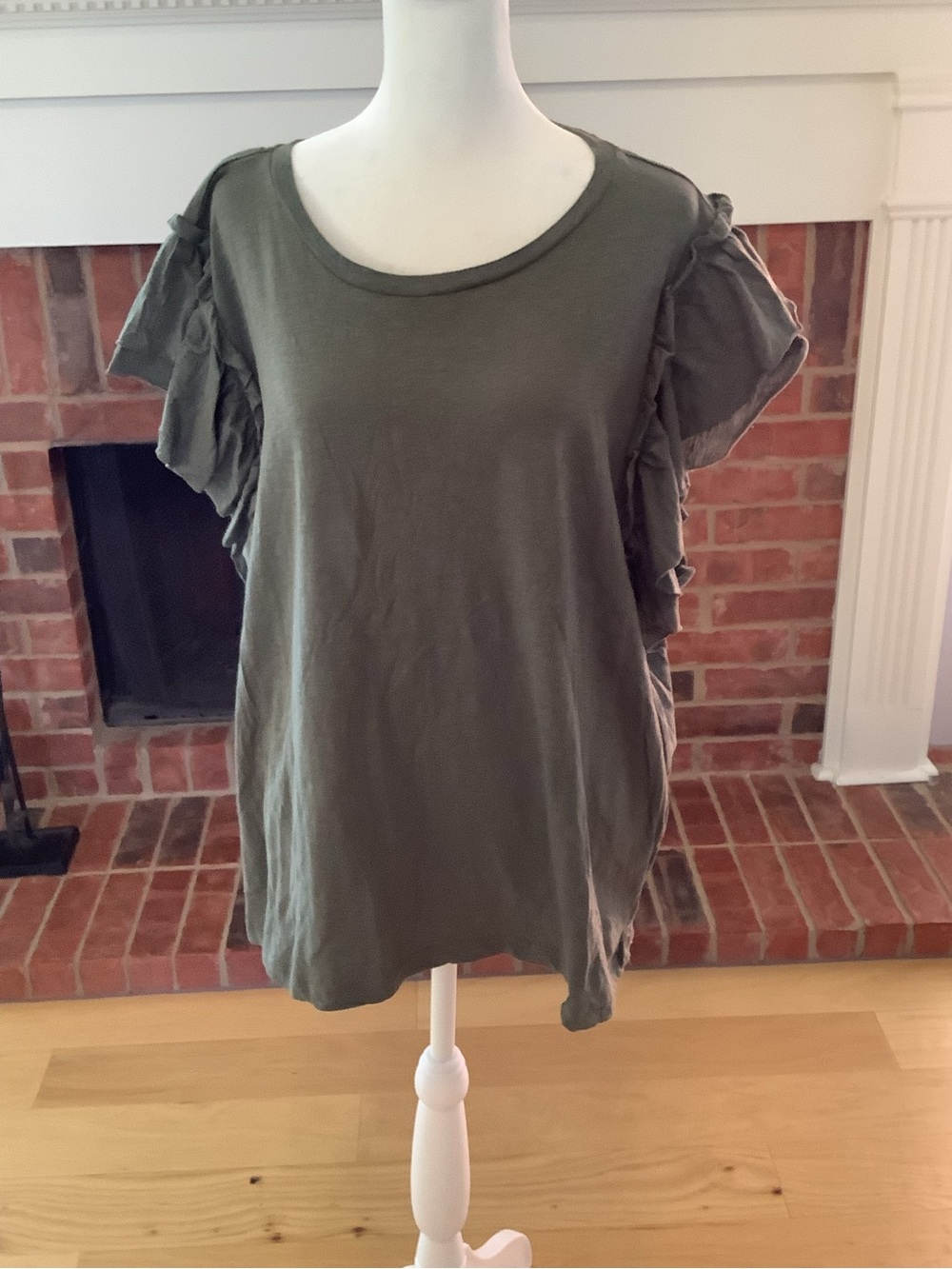 Women's Olive Green Ruffle Sleeve Scoop Neck Top